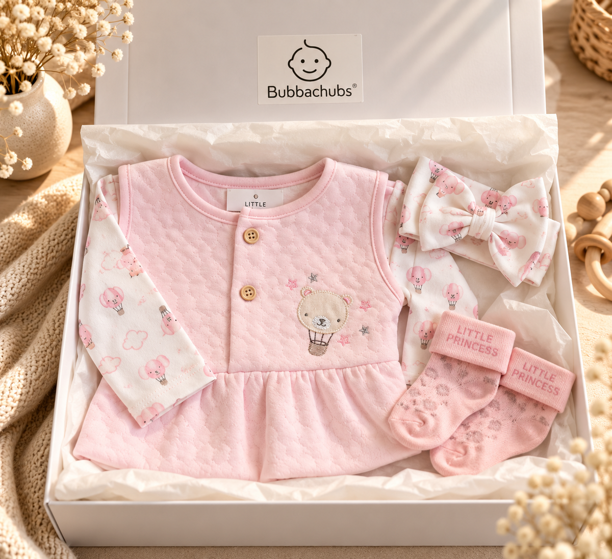 Bubbachubs Baby Girls Quilted Dress, Headband And Sock Set