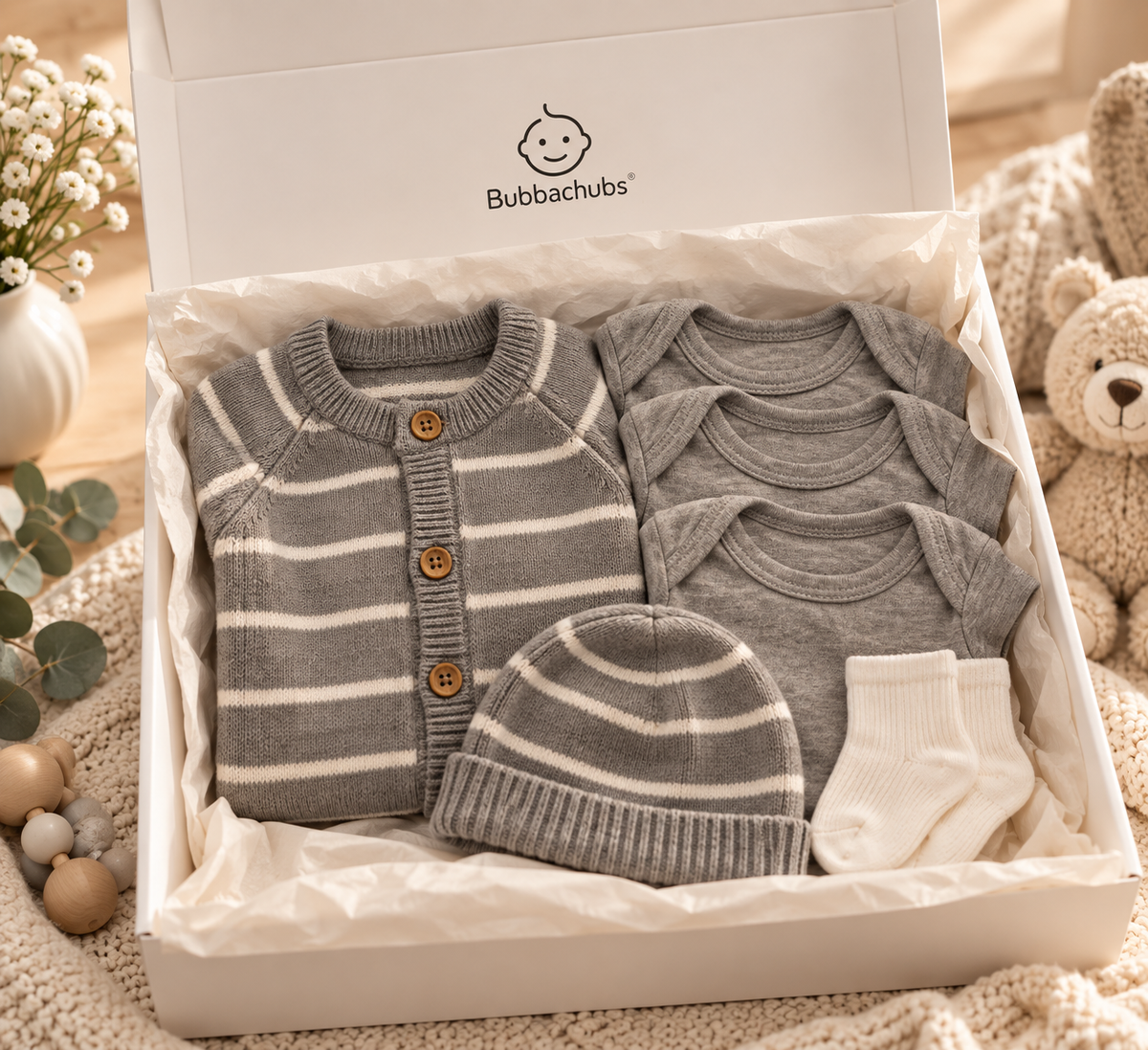 Bubbachubs Baby Knitted All In One, Hat, Bodysuits And Socks Gift Set