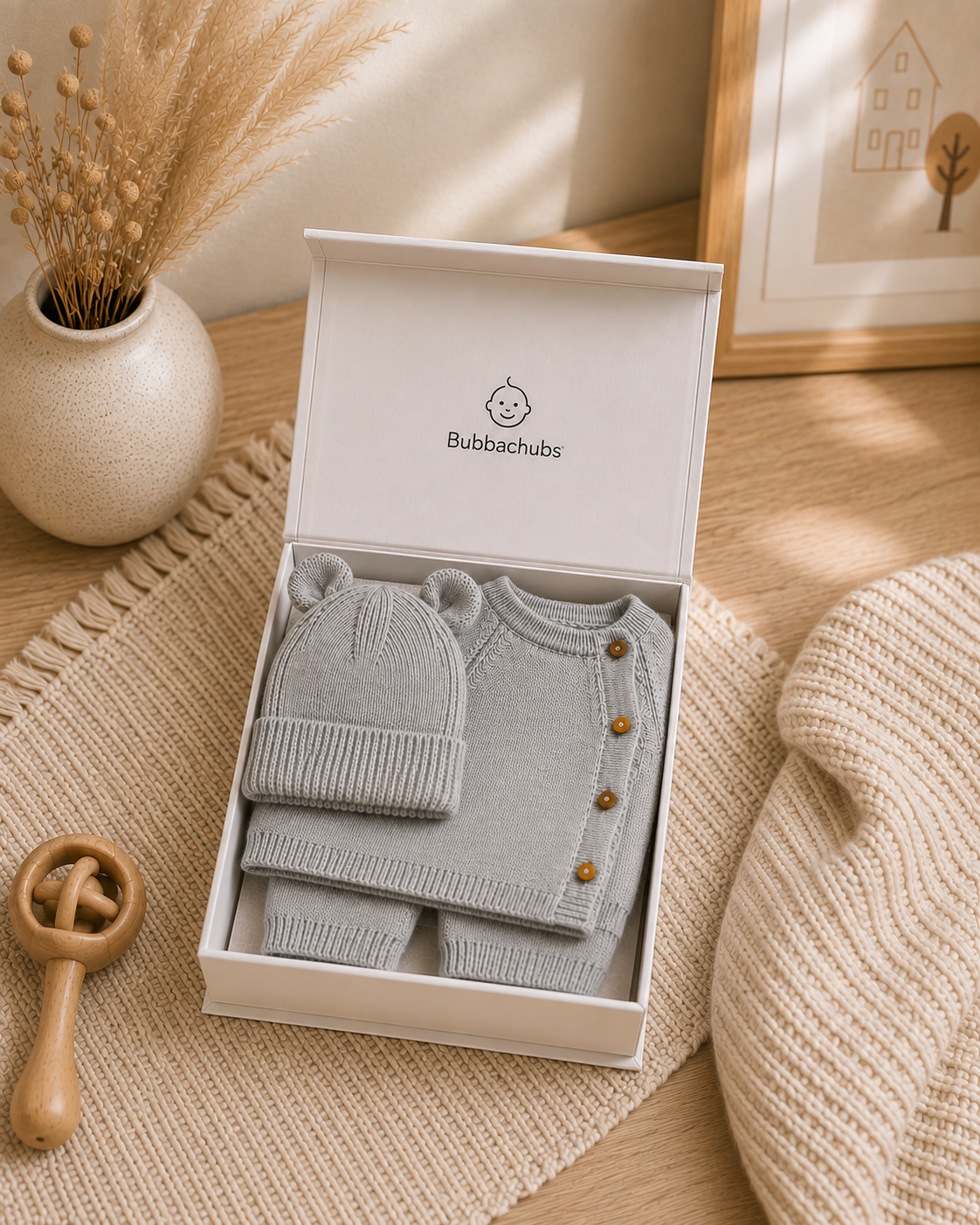 Bubbachubs Unisex Knitted Baby Outfit Gift Set with Bear Hat 6-9 Months