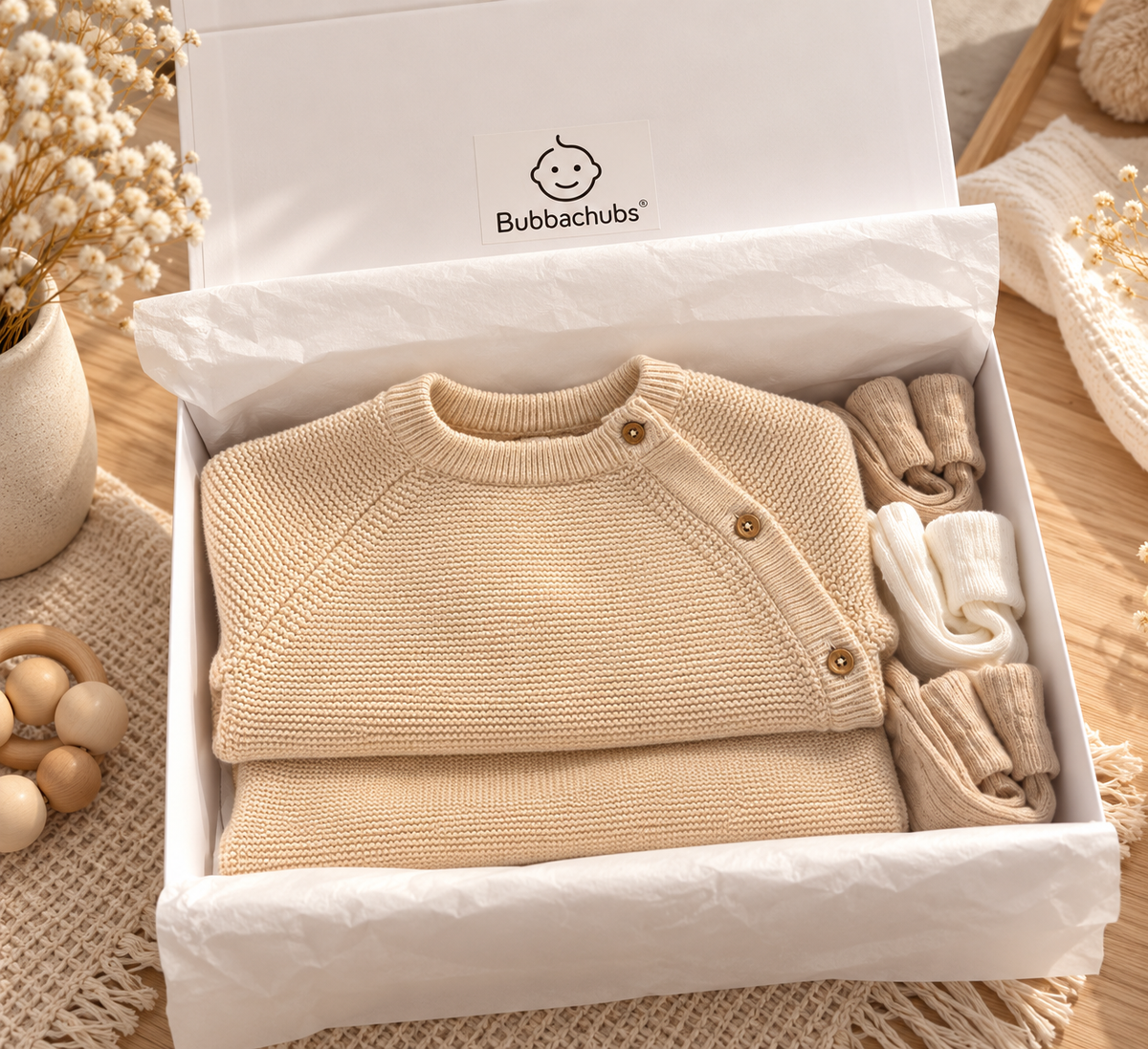 Bubbachubs Baby Beige Knitted Outfit And Sock Gift Set 0-3 Months
