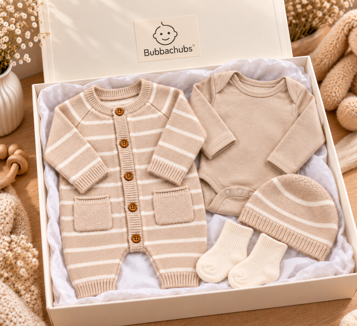 Bubbachubs Baby Knitted All In One, Hat, Bodysuit And Socks Gift Set 6-9 Months
