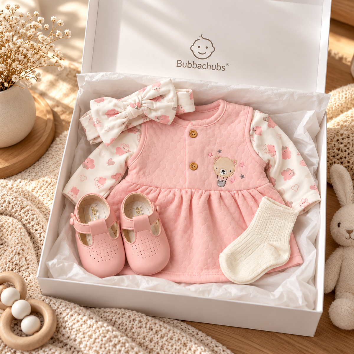 Bubbachubs Baby Girls Quilted Dress Headband, Shoes And Sock Gift Set 3-6 Months