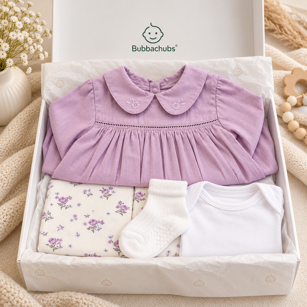 Bubbachubs Baby Girls Lilac Cotton Top, Floral Leggings, Bodysuit And Sock Gift Set 0-3 Months