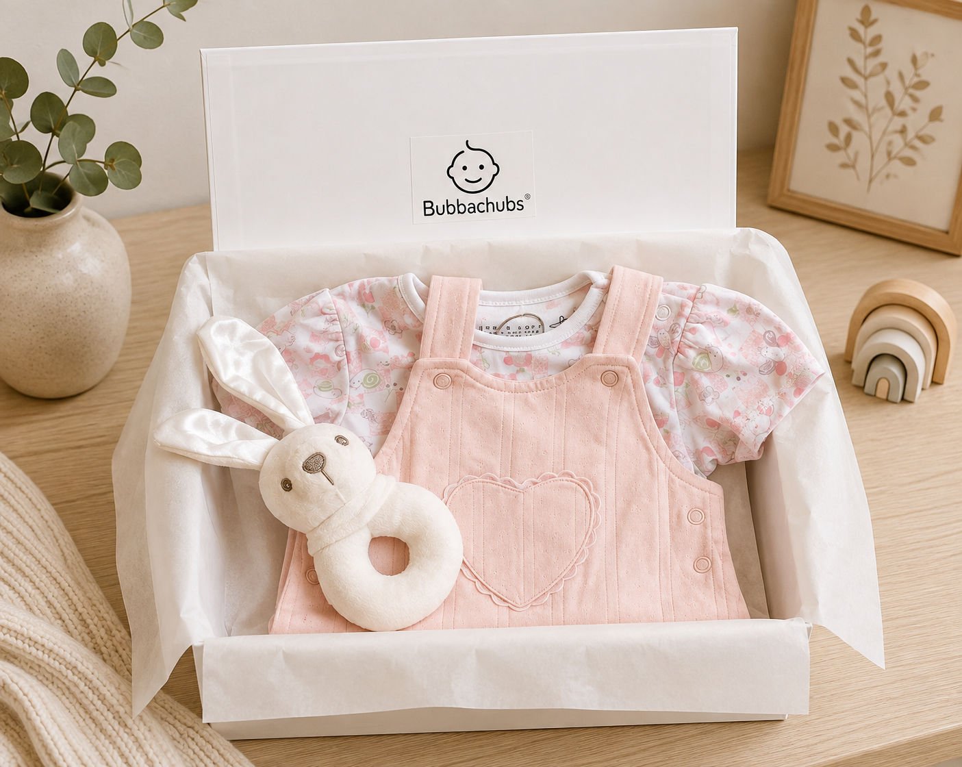 Bubbachubs Baby Girl Dungaree Gift Set with Bunny Rattle