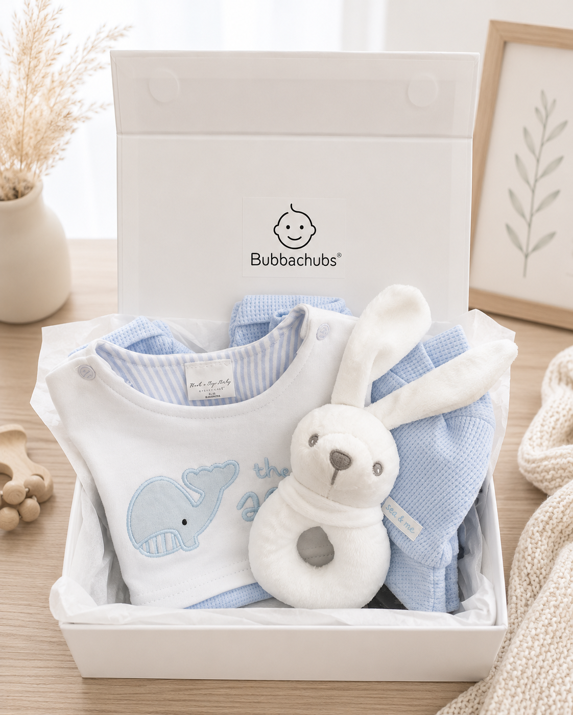 Bubbachubs Baby Boy Whale Outfit & Bunny Rattle Gift Set