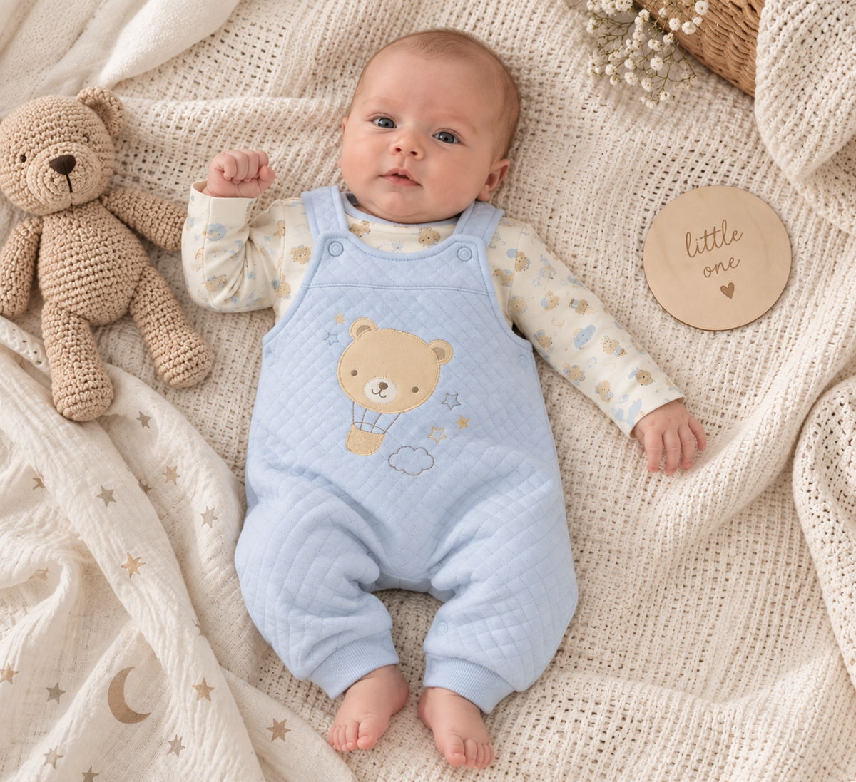 Baby Boys Quilted Dungaree & Top Outfit 0-3 Months