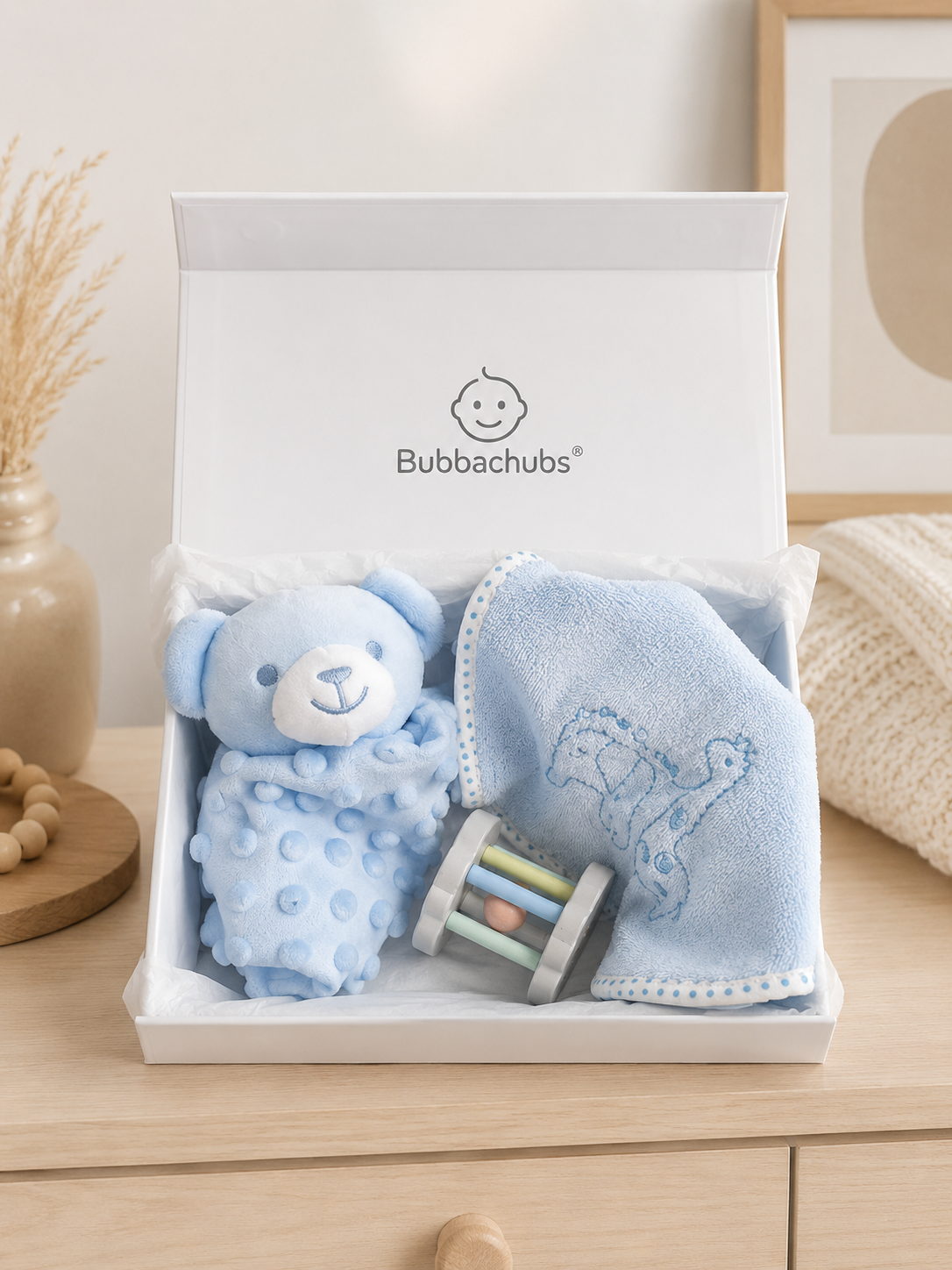 Baby Boy Gift Set with 5 Terry Bibs, Comforter & Baby Rattle