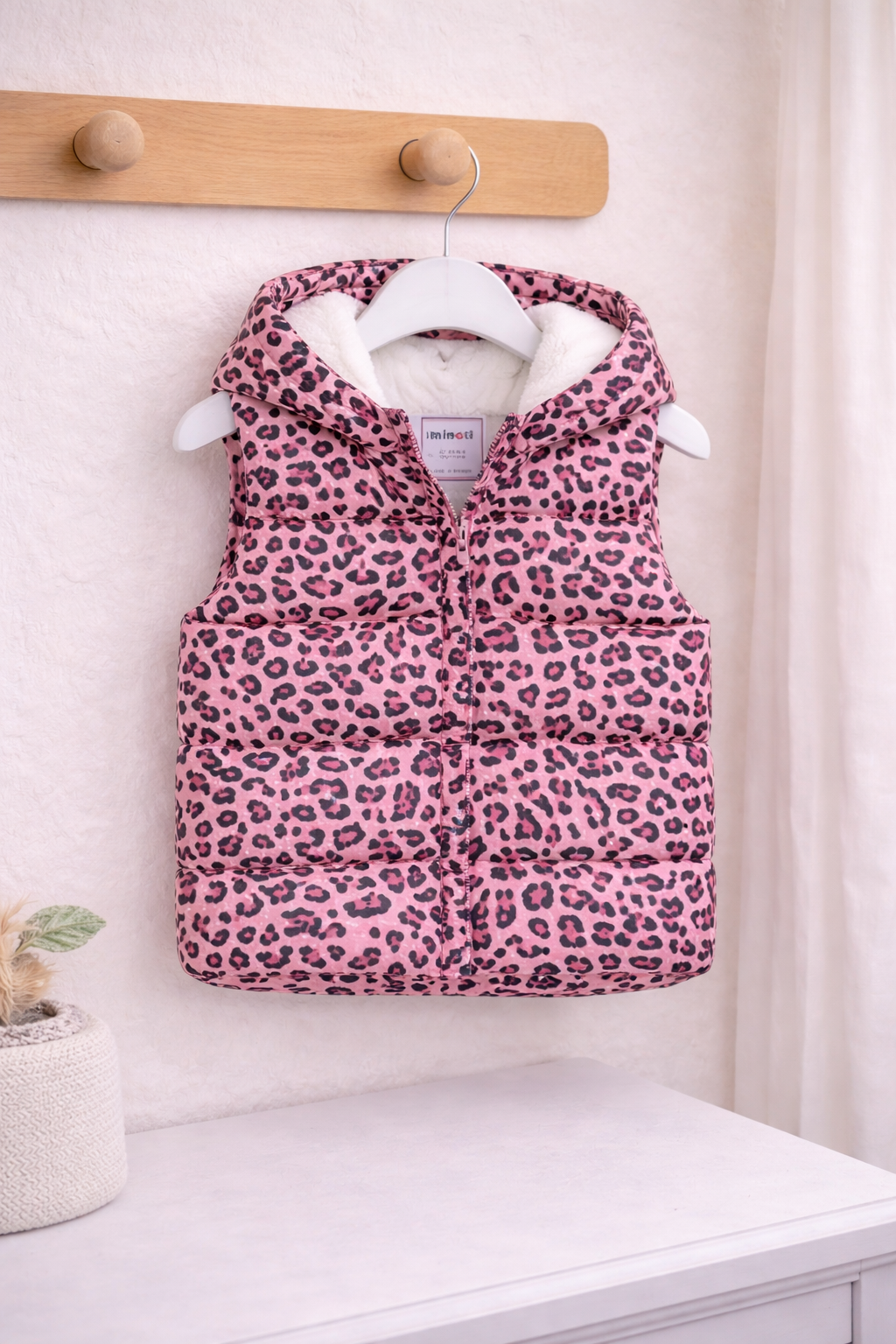 Girl's Pink Leopard Print Puffa Gilet with Hood 1-3 Years