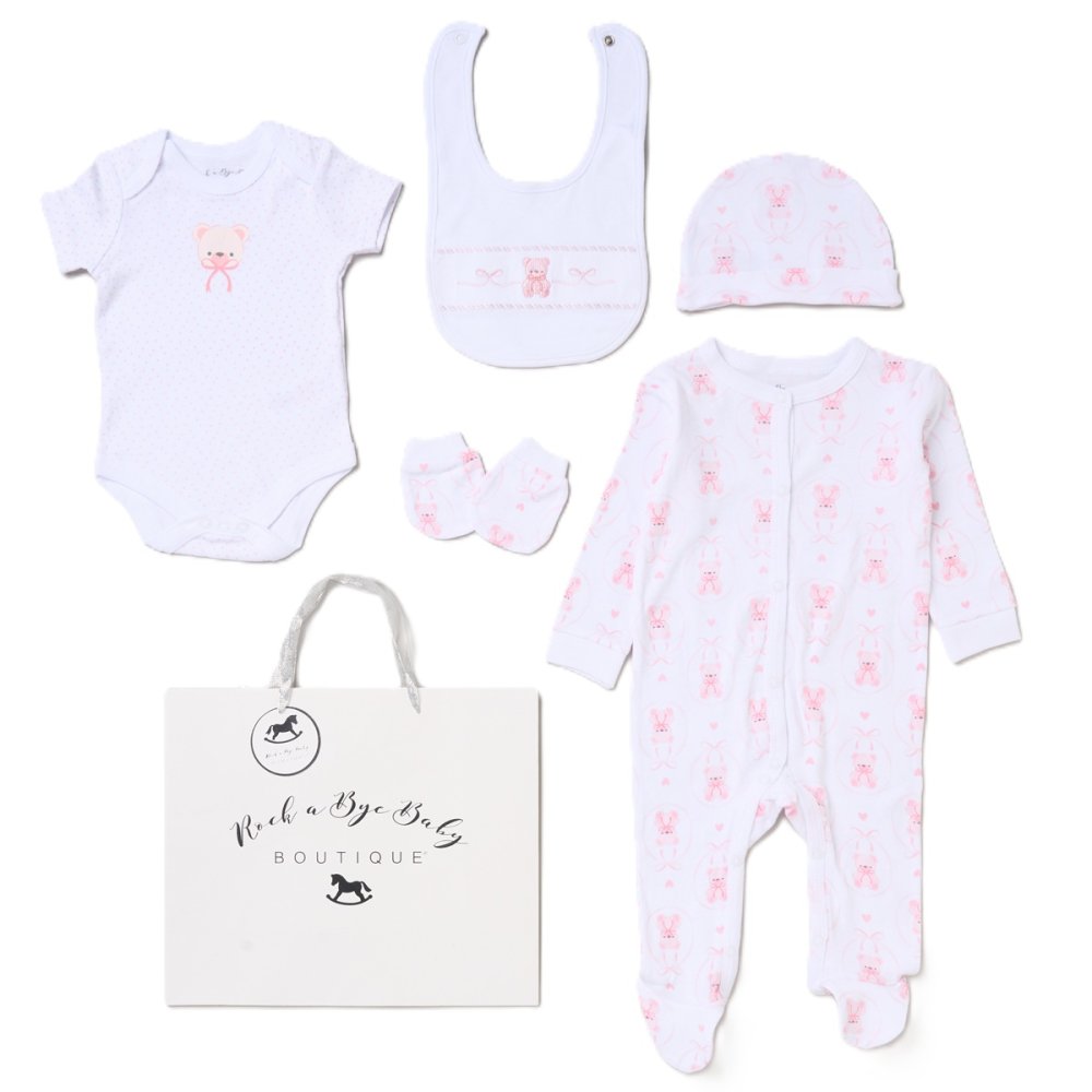 Baby Girls Teddy 5 Piece Set With Gift Bag Newborn - 6 Months