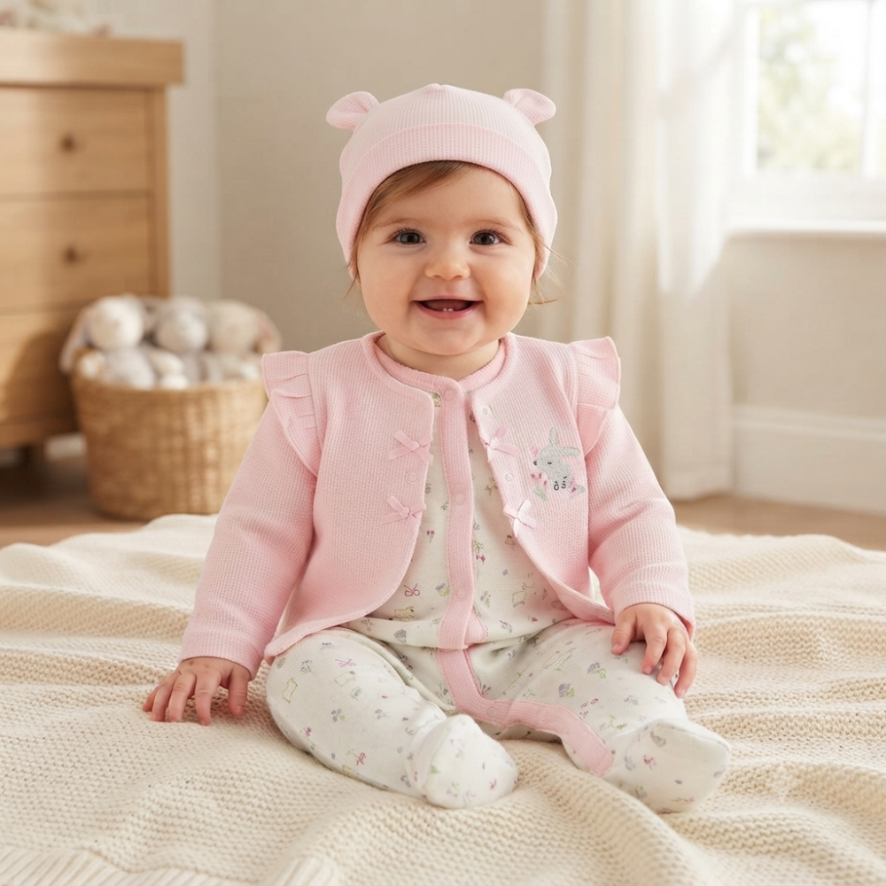 Bubbachubs Baby Girls Waffle Fabric Jacket, All-in-One & Hat Gift Set (0–9 Months)