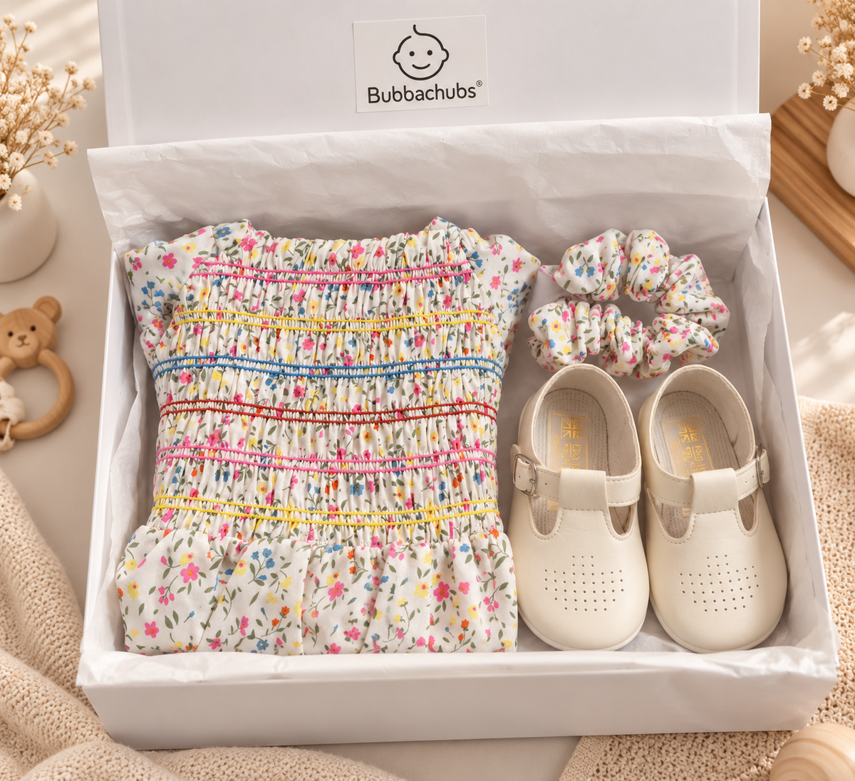 Bubbachubs Girls Smock Dress, Headband And Shoes Gift Set 2 Years
