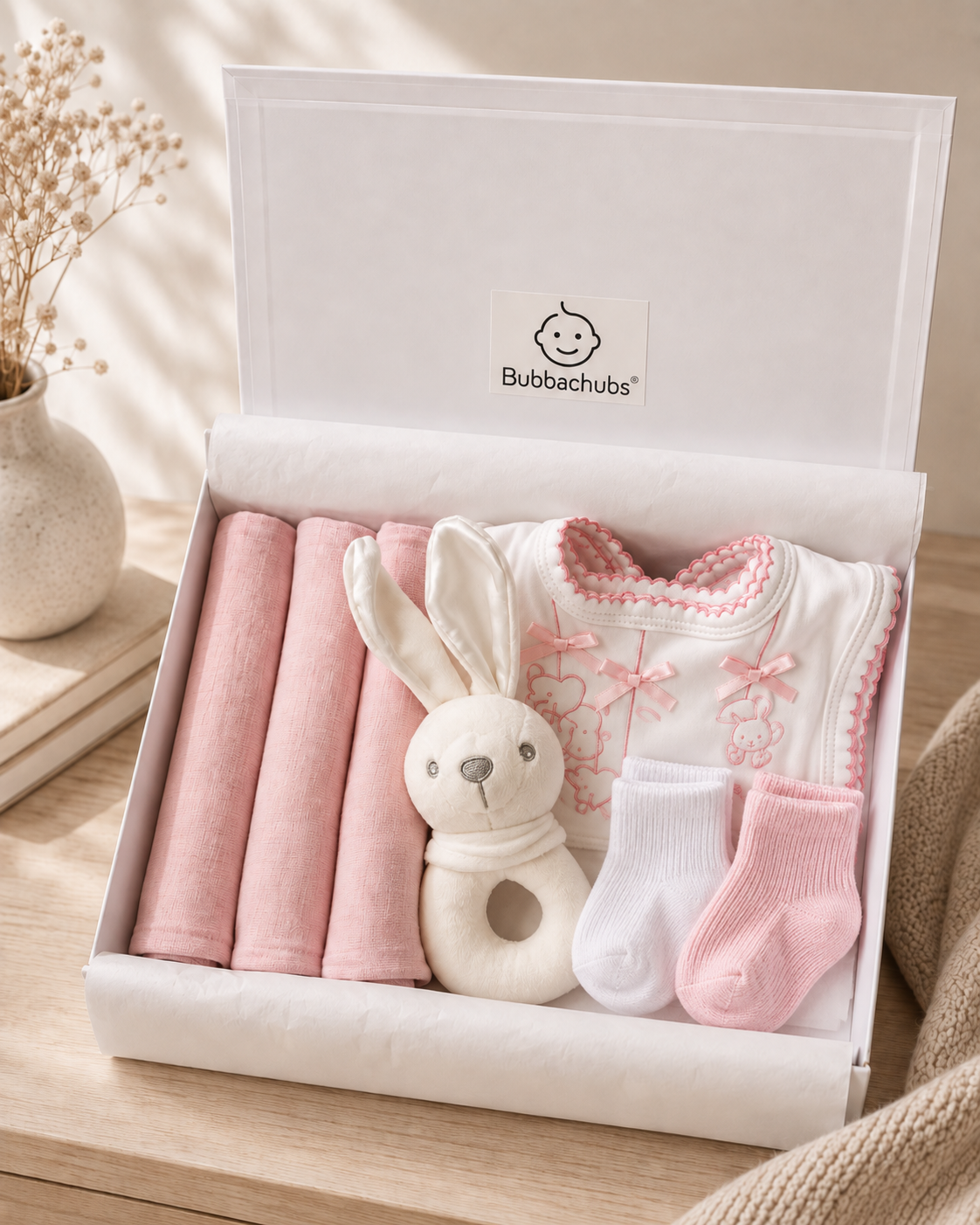 Bubbachubs Baby Girls Newborn Gift Box with Muslins, Bibs, Rattle & Socks 3-6 Months
