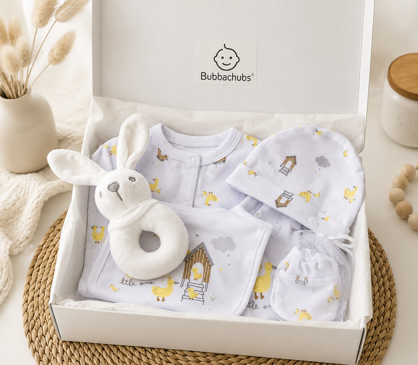 Bubbachubs Newborn Baby Gift Set with Sleepsuit, Bodysuit, Hat, Bib, Mittens & Soft Bunny Rattle