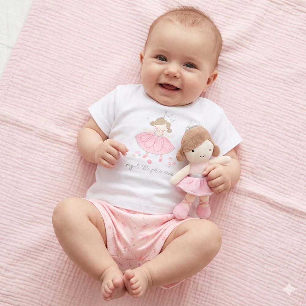 Baby Girls Princess Summer T-shirt, Shorts & Plush toy Set 0-9 Months