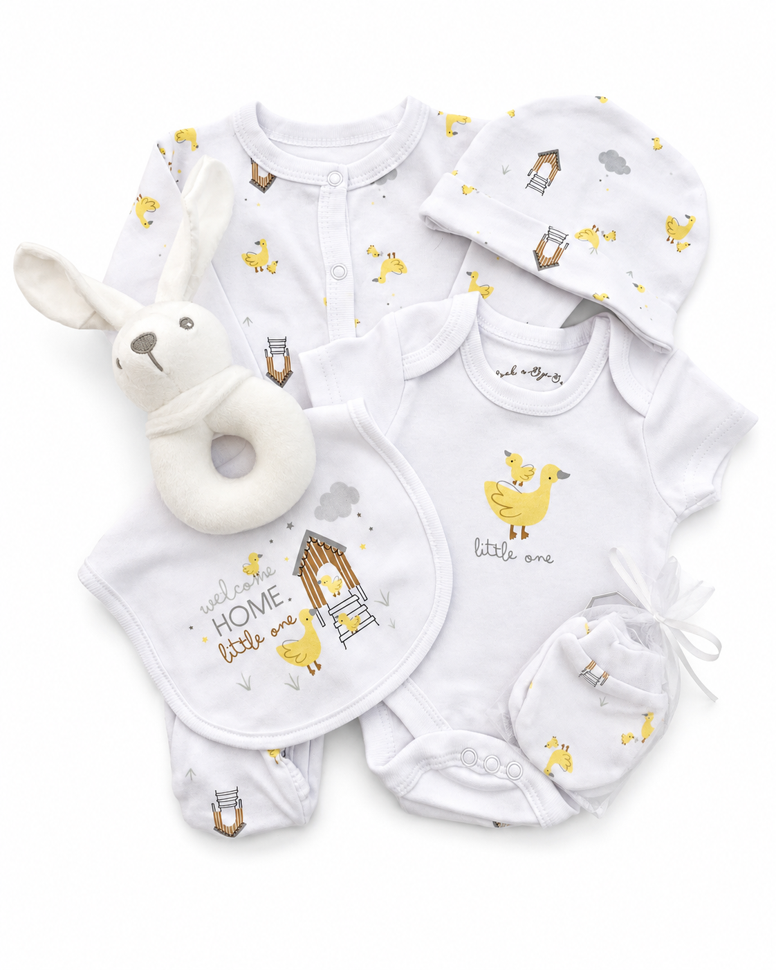 Bubbachubs Newborn Baby Gift Set with Sleepsuit, Bodysuit, Hat, Bib, Mittens & Soft Bunny Rattle