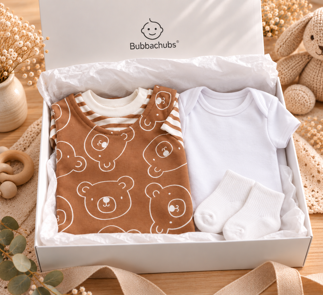 Bubbachubs Baby Dungarees, Top, Short Sleeve Bodysuit And Sock Gift Set 0-3 Months
