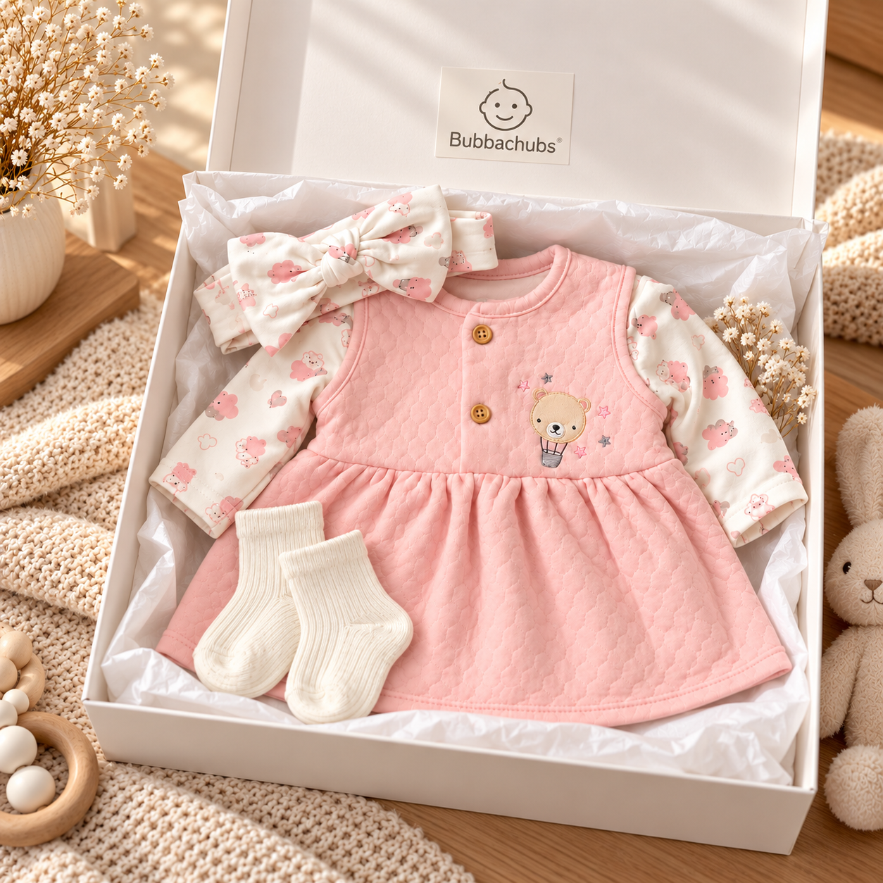 Bubbachubs Baby Girls Quilted Dress, Headband And Sock Set 3-6 Months