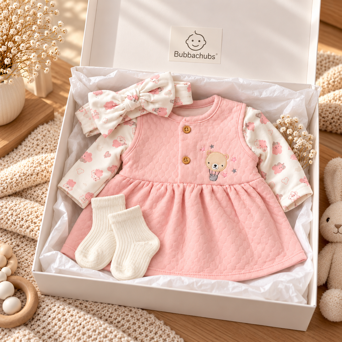 Bubbachubs Baby Girls Quilted Dress, Headband And Sock Set 3-6 Months