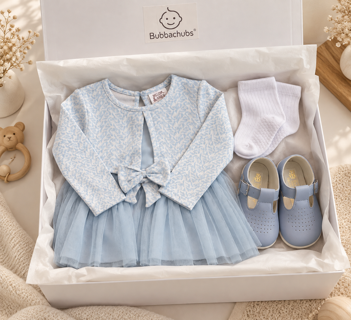 Bubbachubs Baby Girls Mesh Party Dress, Socks And Shoes Gift Set 6-12 Months