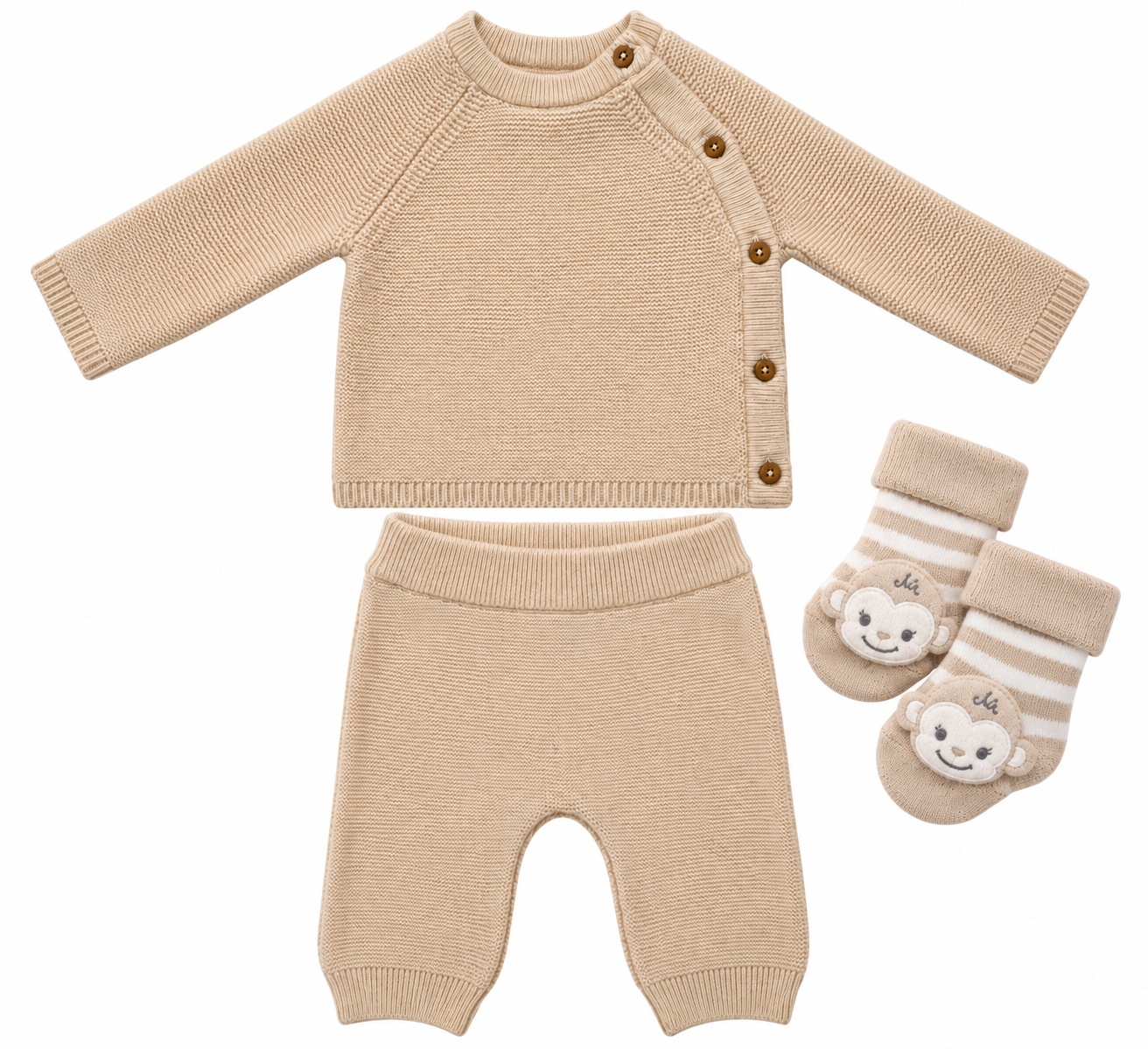 Bubbachubs Baby Beige Knitted Outfit And Sock Gift Set 0-3 Months
