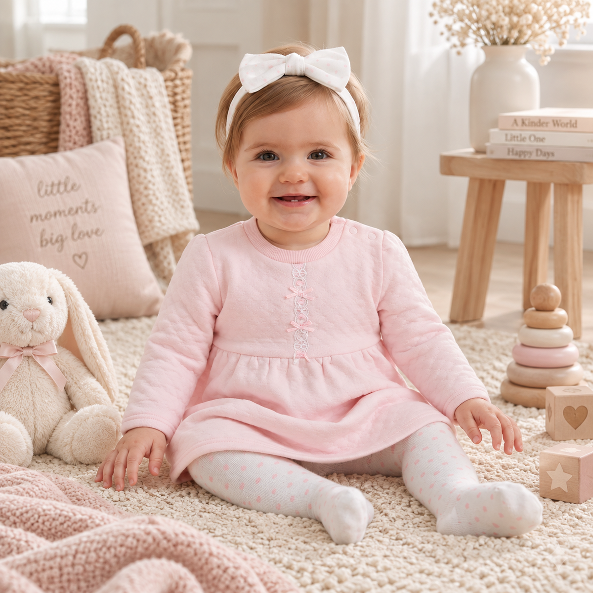 Baby Girls Quilted Dress, Tights & Headband Gift Set 0–9 Months