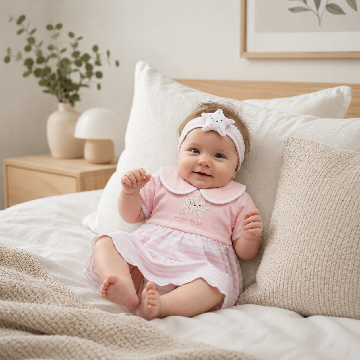 Baby Girl Dress With Crochet Applique & Headband Outfit 0-9 Months