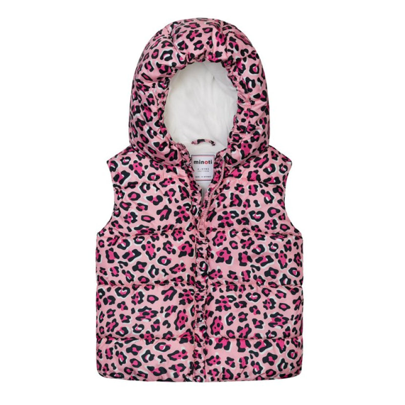 Girl's Pink Leopard Print Puffa Gilet with Hood 1-3 Years