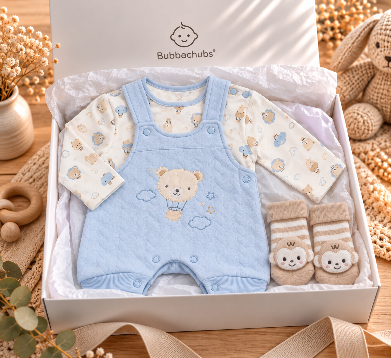 Baby Boys Quilted Dungarees, Top & Monkey Socks Gift Set 6-9 Months
