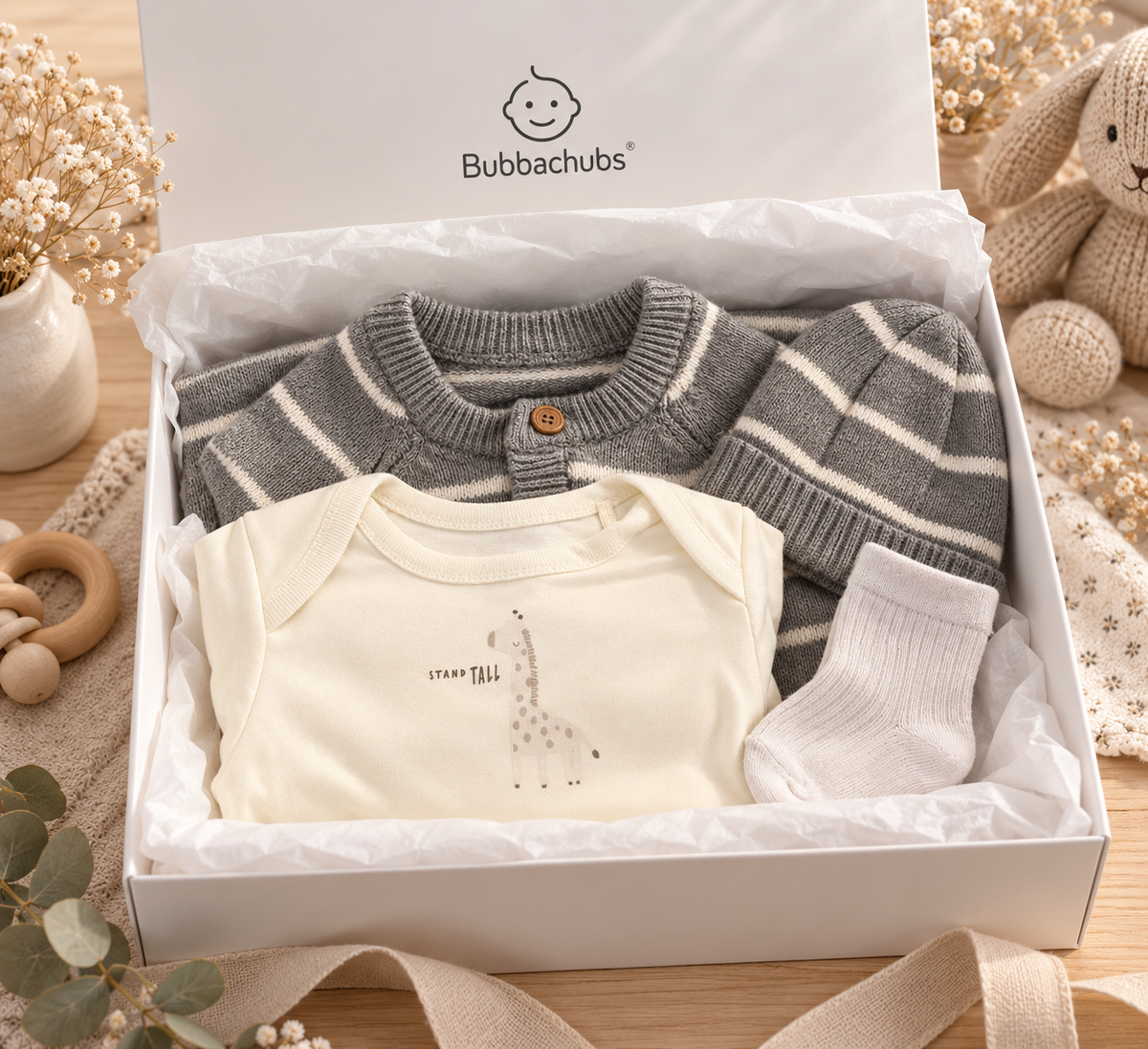 Bubbachubs Newborn Baby All In One Knitted Outfit, Hat Bodysuit And Sock Gift Set
