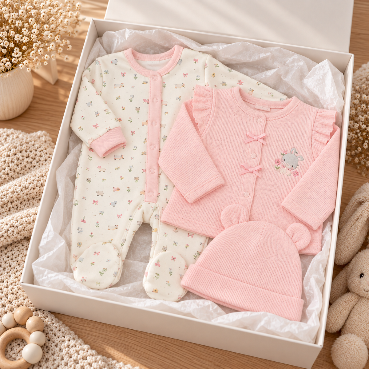 Bubbachubs Baby Girls Waffle Fabric Jacket, All-in-One & Hat Gift Set (0–9 Months)