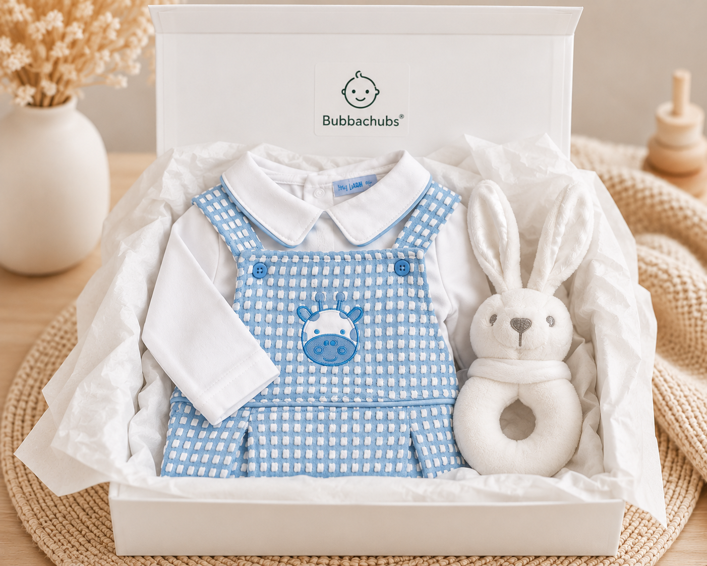 Bubbachubs Baby Boy Footed Dungarees, Top And Bunny Rattle Gift Set 0-6 Months
