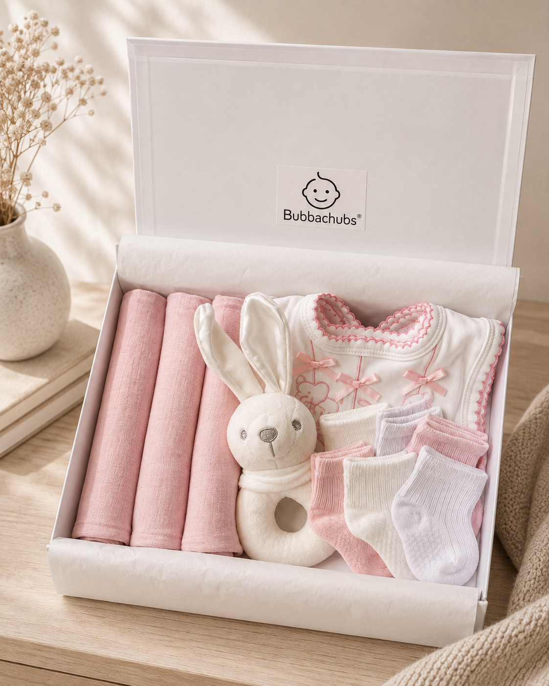 Bubbachubs Baby Girls Newborn Gift Box with Muslins, Bibs, Rattle & Socks