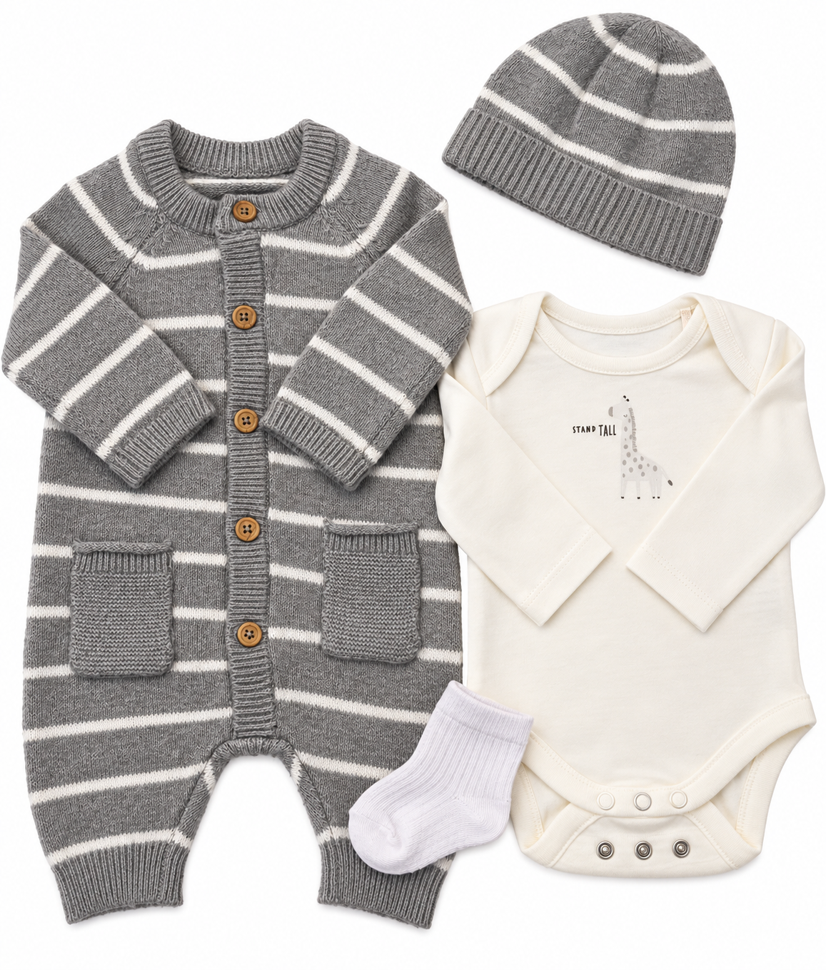 Bubbachubs Newborn Baby All In One Knitted Outfit, Hat Bodysuit And Sock Gift Set