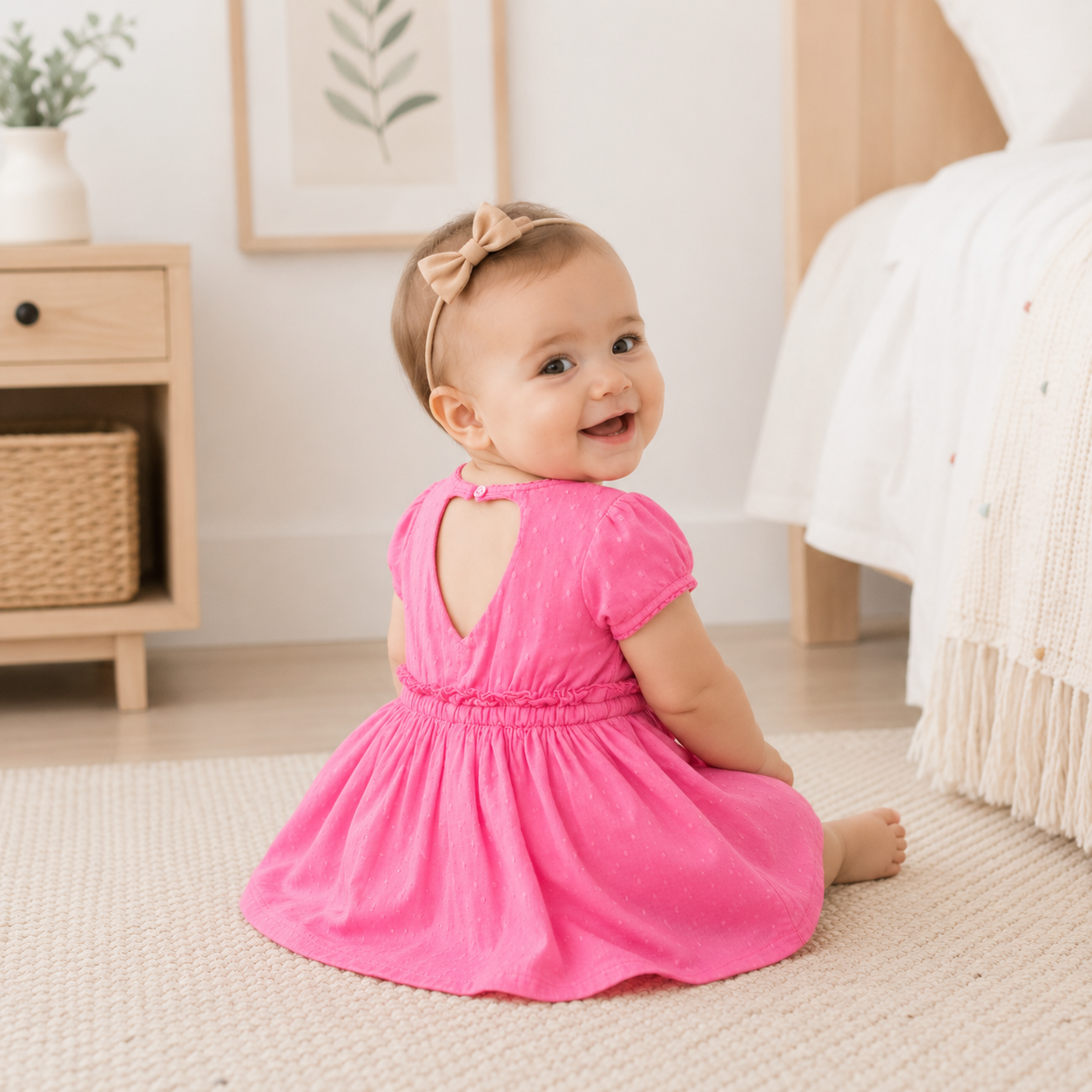 Baby Girl Dobby Dress With Tie Waist 3-12 Months