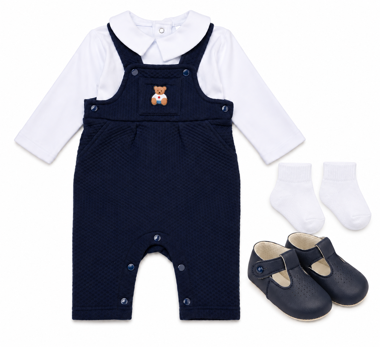 Baby Boys Bear Motif Quilted Dungaree, Top, Socks And Navy Blue Soft Sole Shoes (NB-6 Months)