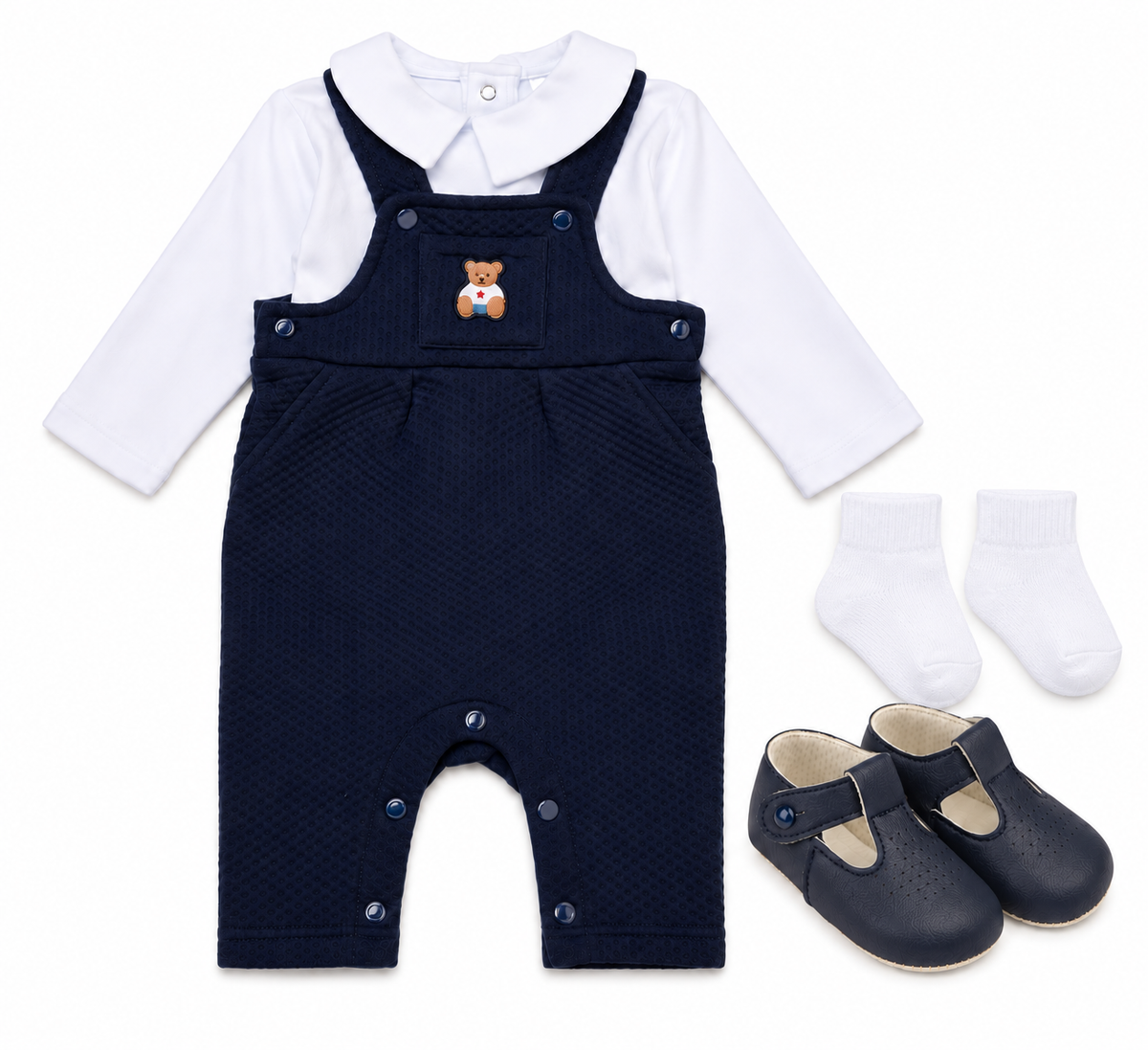 Baby Boys Bear Motif Quilted Dungaree, Top, Socks And Navy Blue Soft Sole Shoes (NB-6 Months)