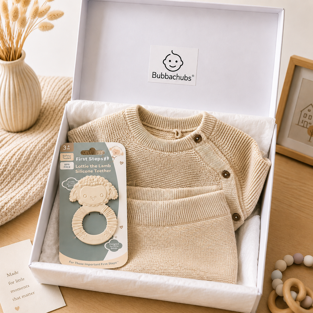 Bubbachubs Baby Knitted Sweater & Leggings Gift Set with Silicone Teether – 3–6 Months
