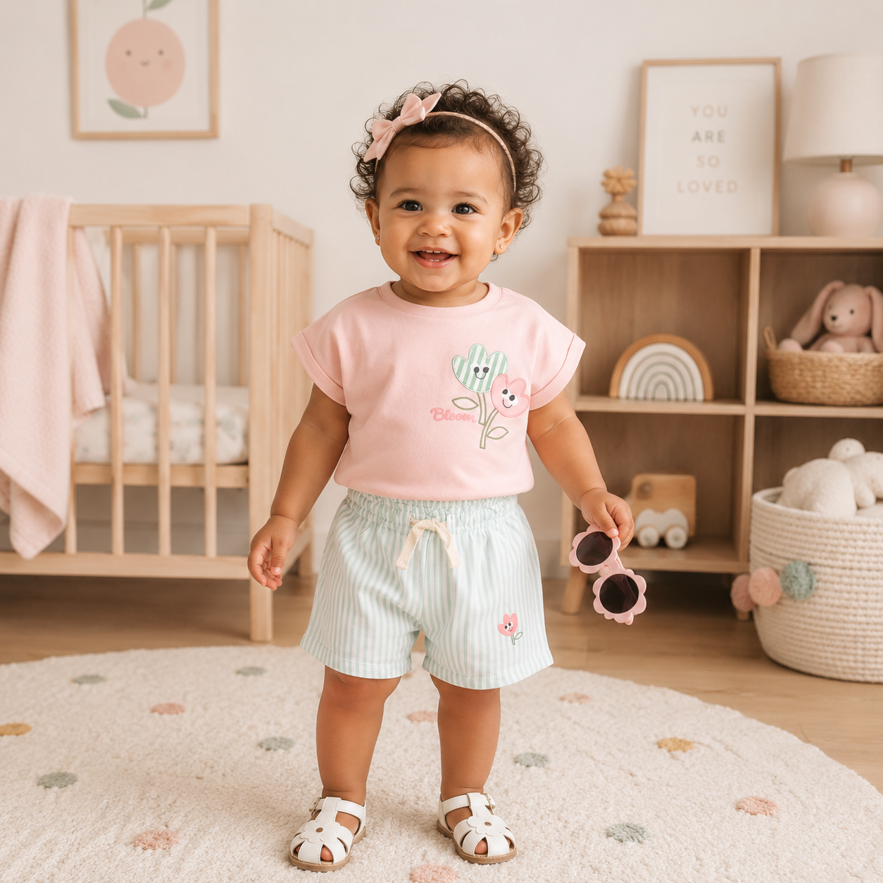 Baby Girl Flower Applique T-Shirt, Shorts & Sunglasses Outfit 9-24 Months