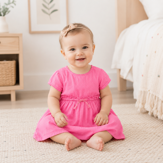 Baby Girl Dobby Dress With Tie Waist 3-12 Months