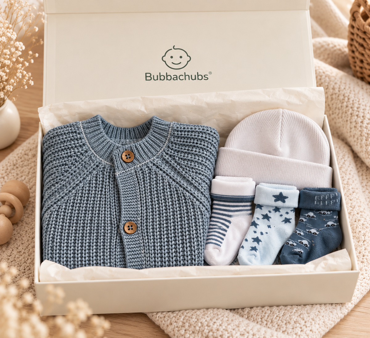Bubbachubs Baby Knitted Cardigan, Hat & 3 Pairs of Socks Gift Set 3-6 Months