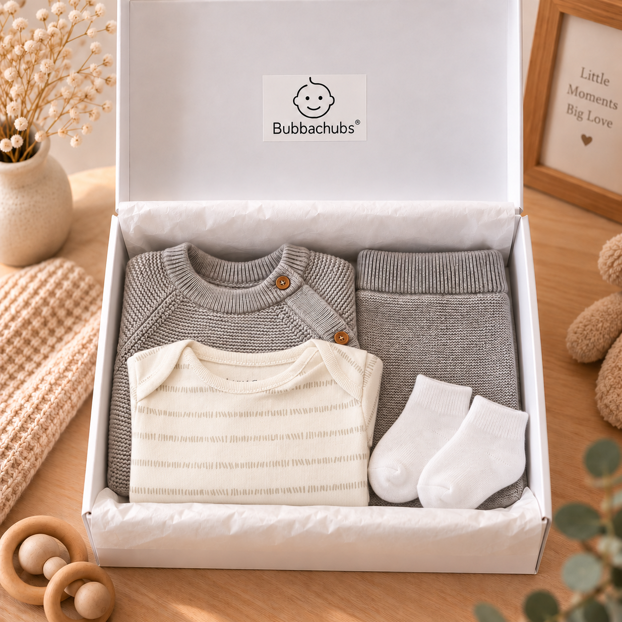 Bubbachubs Newborn Baby Knitted Sweater, Leggings, Cotton Long Sleeve Bodysuit And Sock Gift Set