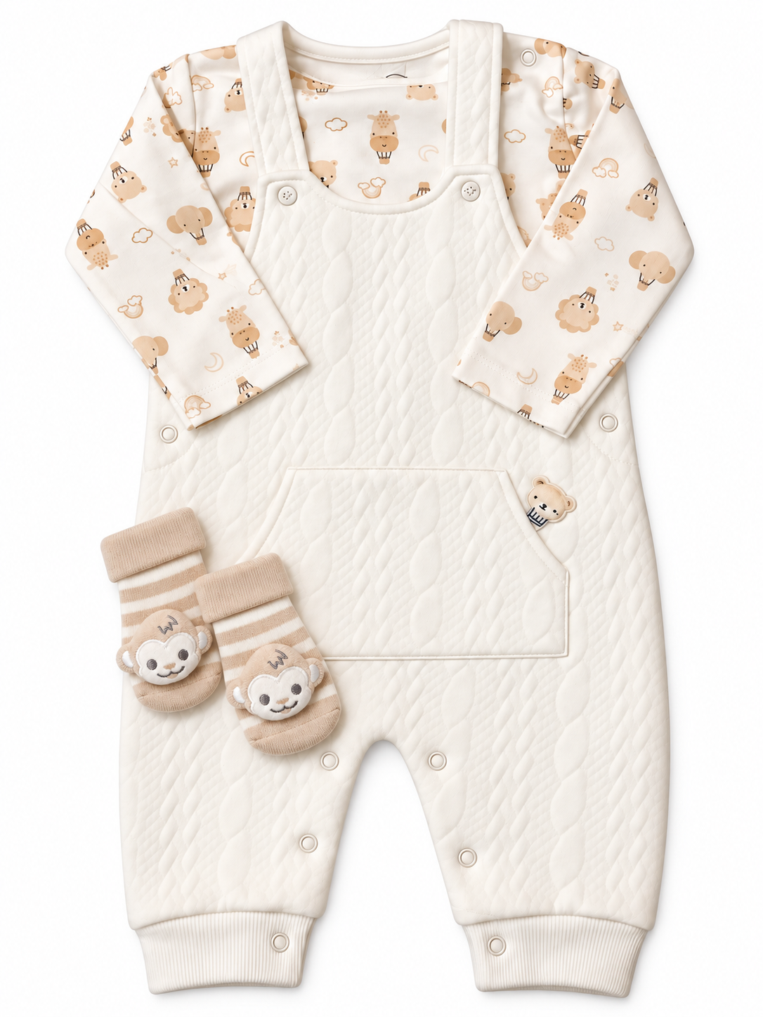 Baby Unisex Quilted Dungarees Gift Set with Monkey Socks 0–9 Months
