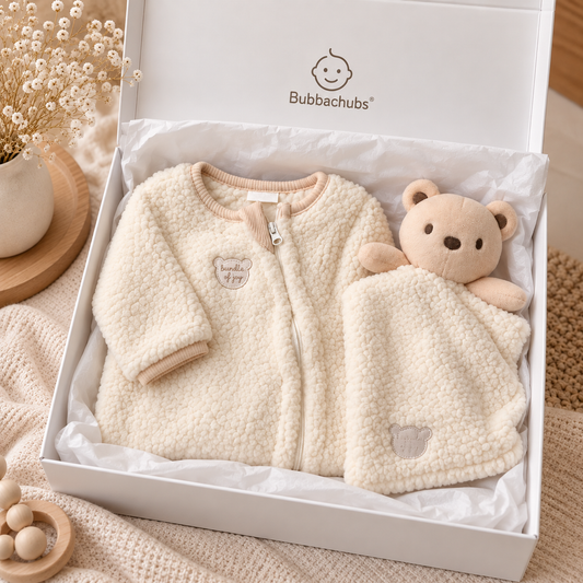 Baby Unisex Borg Pramsuit & Bear Comforter Gift Set (Newborn–6 Months)