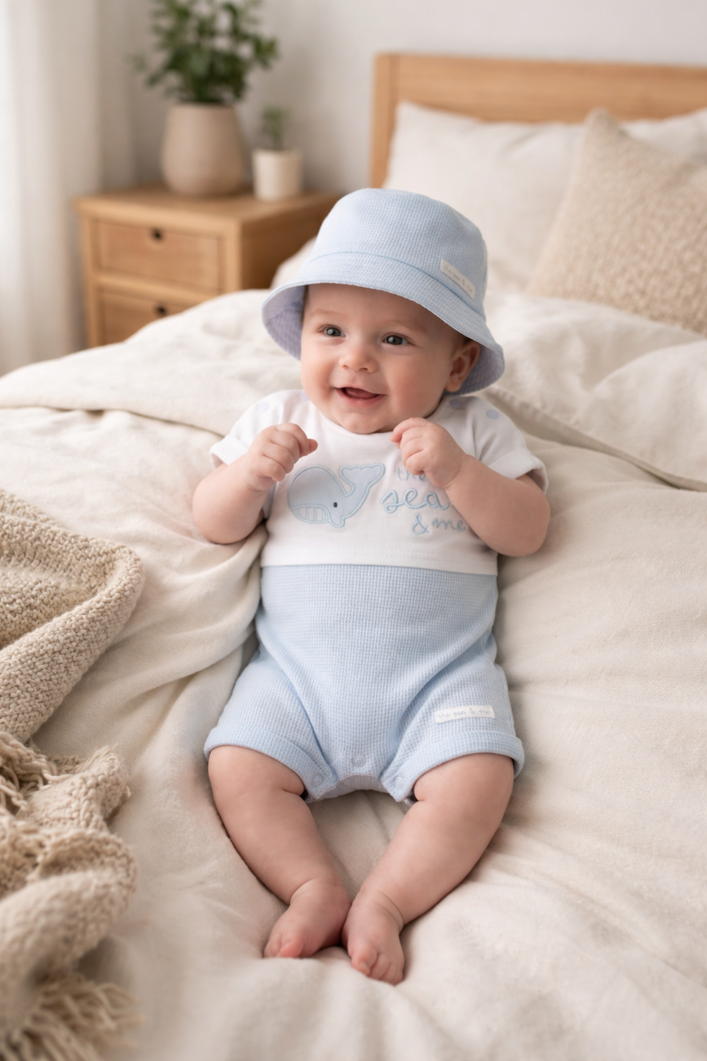Baby Boy Waffle Fabric Romper & Reversible Hat Set 0-9 Months