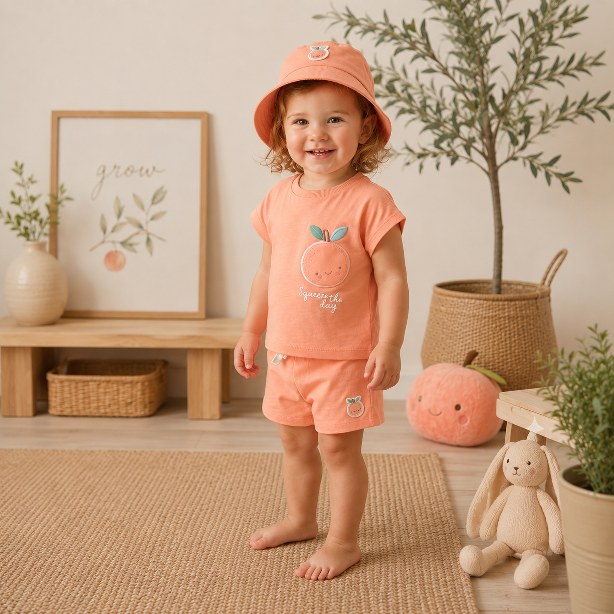 Baby Girl 3D Peach Applique T-Shirt, Shorts & Bucket Hat Outfit 9-24 Months