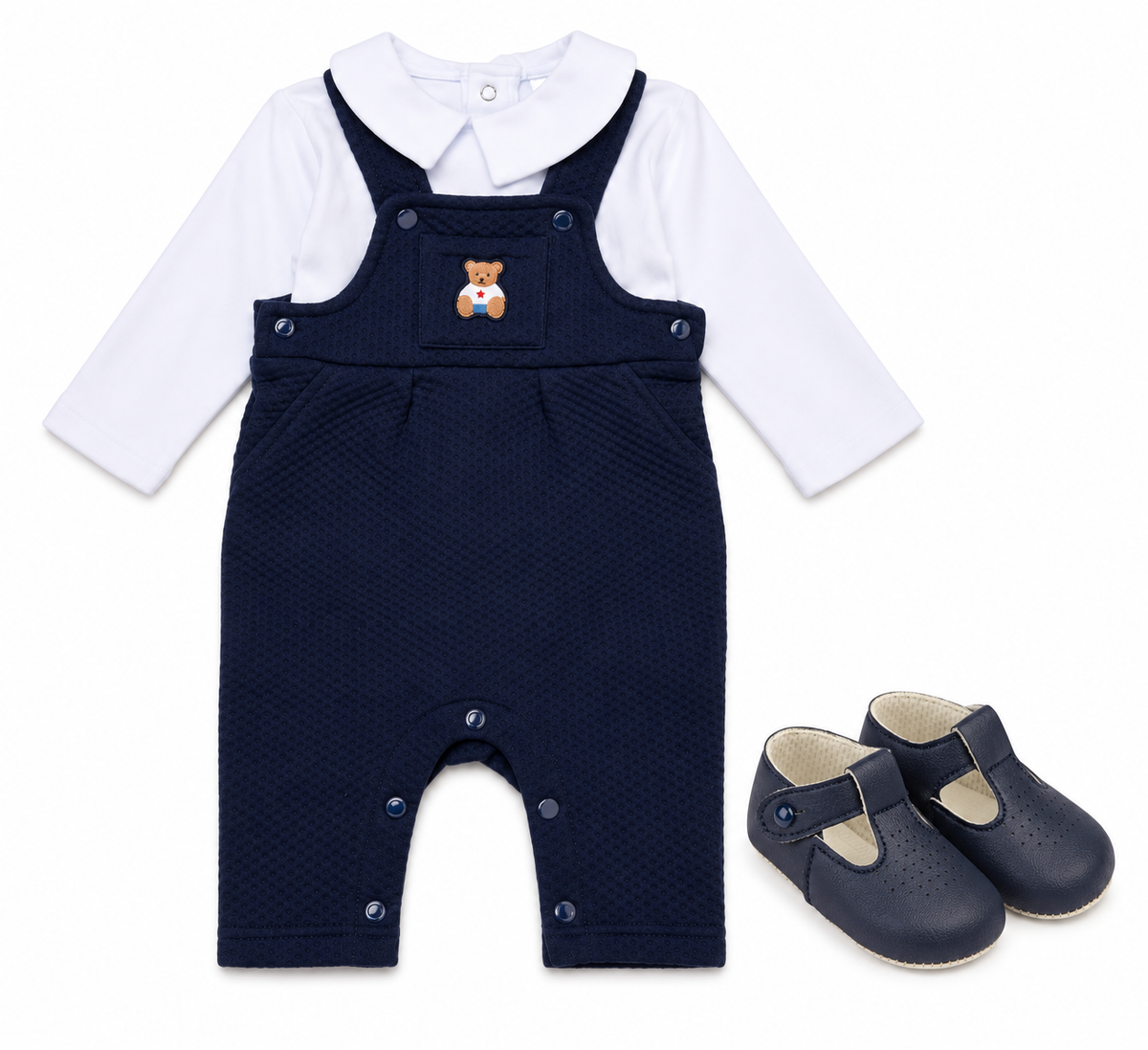 Baby Boys Bear Motif Quilted Dungaree & Top Outfit With Navy Blue Soft Sole Shoes (NB-6 Months)