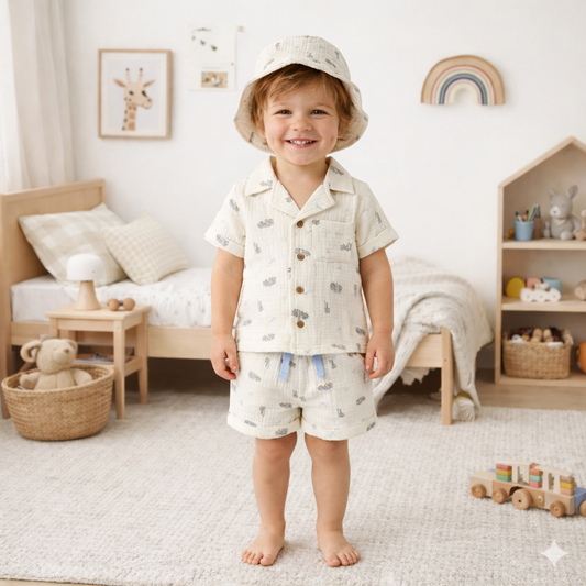 Boys Muslin Fabric Shirt, Short & Hat Set 3-4 Years