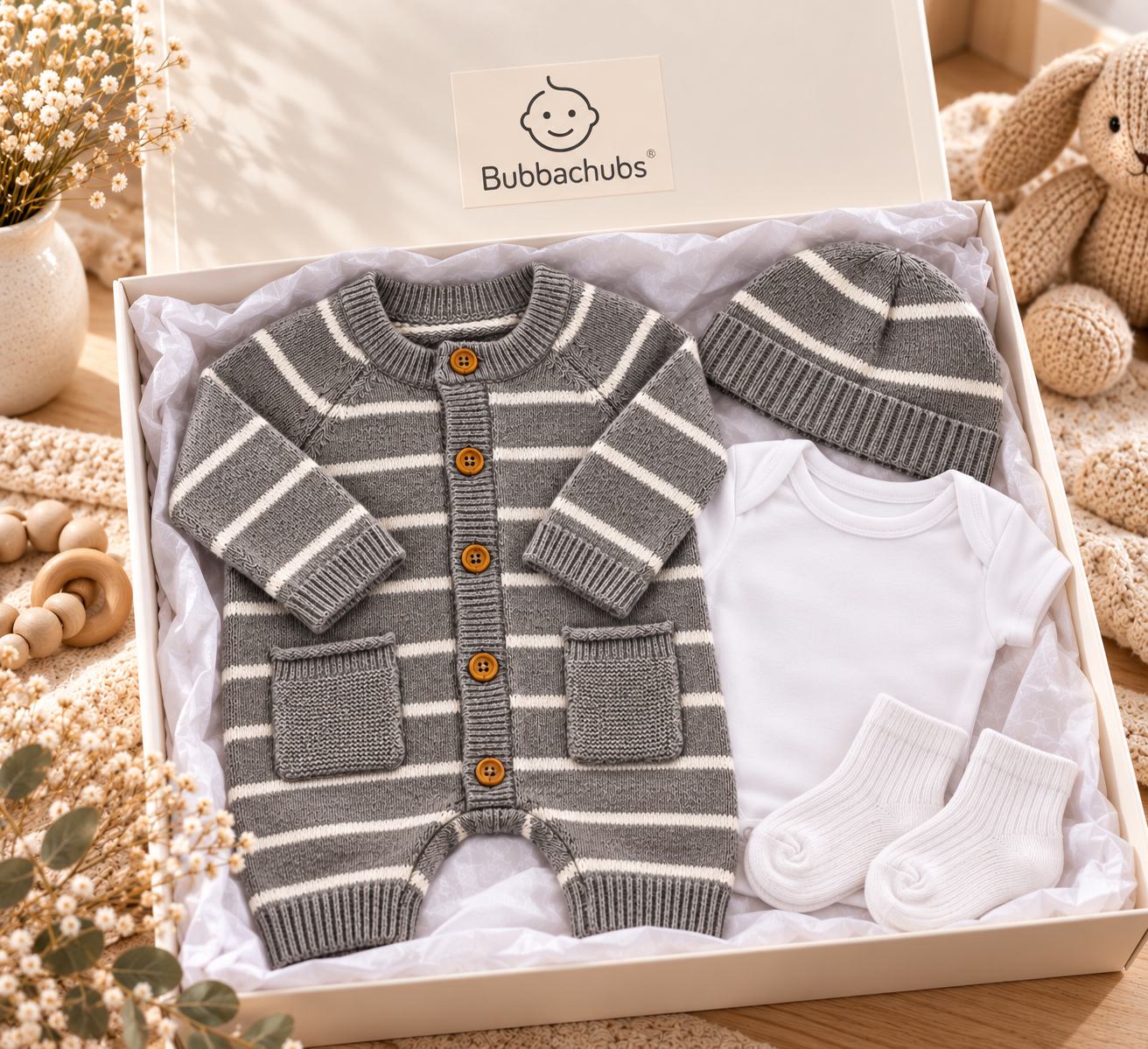 Bubbachubs Knitted All In One, Hat, Bodysuit And Sock Gift Set 0-3 Months