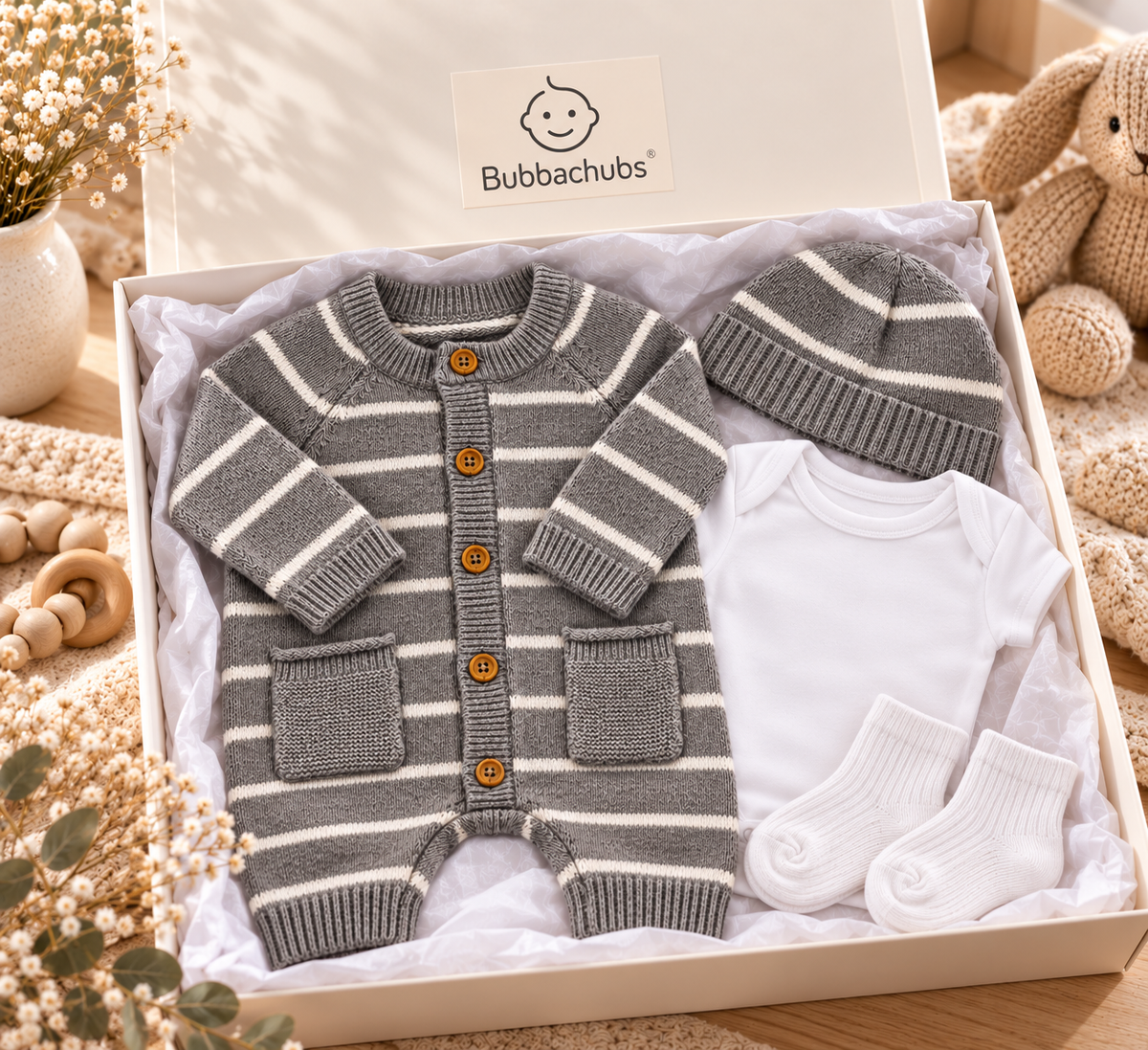 Bubbachubs Knitted All In One, Hat, Bodysuit And Sock Gift Set 0-3 Months
