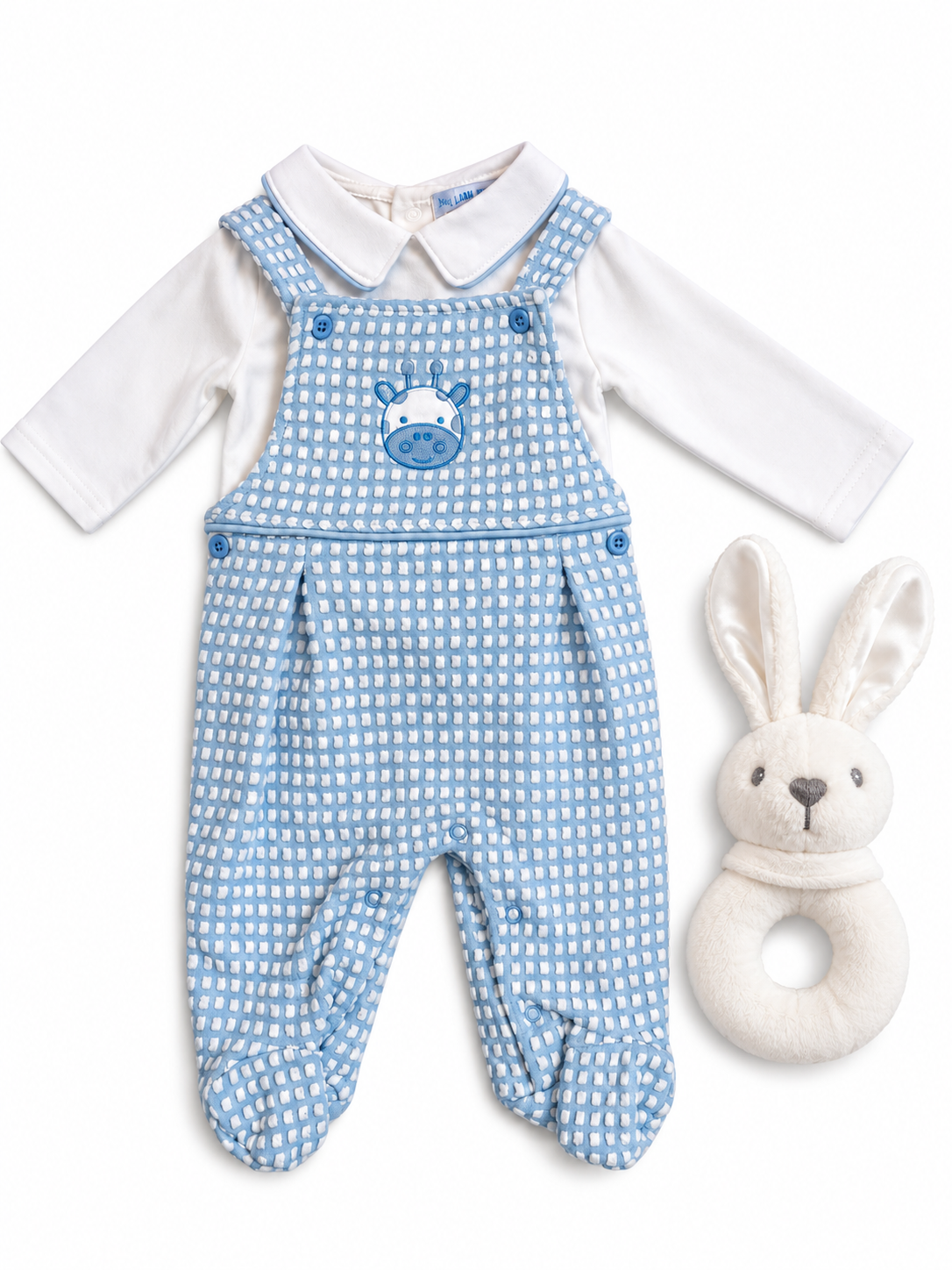 Bubbachubs Baby Boy Footed Dungarees, Top And Bunny Rattle Gift Set 0-6 Months